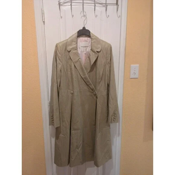 Isaac Mizrahi Linen Trench Coat Beige Size XL Satin Lined Shimmer Long - Picture 3 of 16